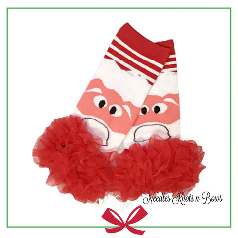 Baby girls and toddlers Santa Claus Christmas leg warmers with red chiffon ruffles on the bottom edge.