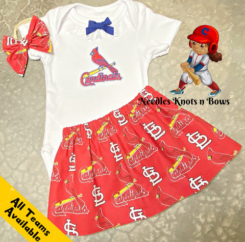 Baby girls and toddlers St. Louis Cardinals game day baseball outfit.