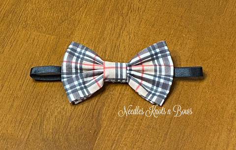 Tan black and red plaid bow tie