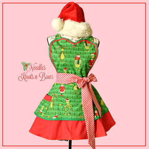 Women's Grinch Flirty Style Christmas Apron with Pocket