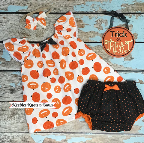 Pumpkin Halloween Dress w/ Bloomers, Baby, Toddler Dress