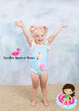 Girls one piece flamingo swimsuit available in sizes 12 months thru size 6.