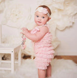 Baby girls pink petti lace romper photo shoot outfit.