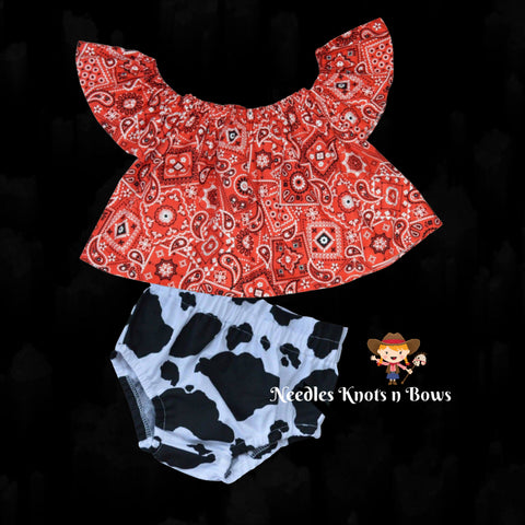 Girls Western Outfit, Bandana Top & Cow Print Bloomers