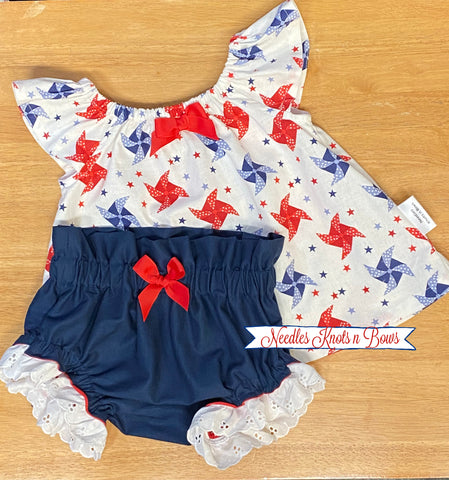 4th of July Patriotic Baby Girls Dress and bloomer set. Baby 4th of July bloomer outfit. 