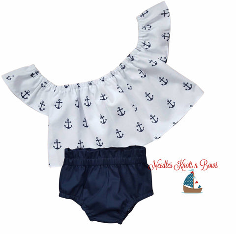 Girls Nautical Outfit, Baby Girls Anchor Off the Shoulder Top w/ Bloomers