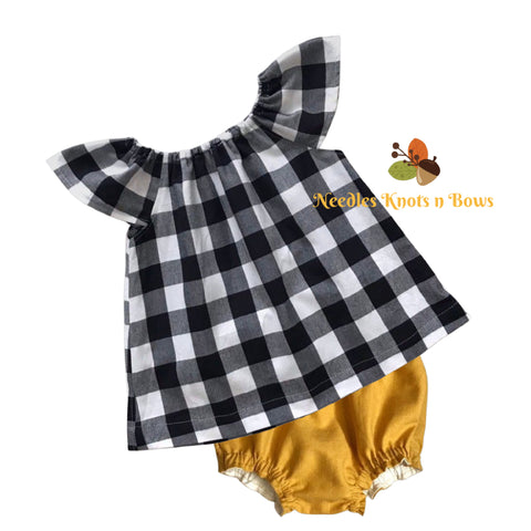 Black and white buffalo plaid flutter sleeve dress with mustard bloomers and a matching fabric hair bow or headband.  You choose the pieces that you want. 