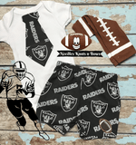 Las Vegas Raiders Football Outfit for boys.  Makes a great baby shower gift, coming home outfit and perfect for game day. Available in sizes Newborn thru size 4 