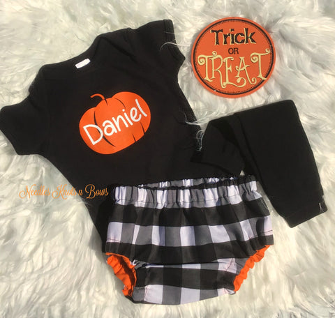 Boys Fall Pumpkin Outfit, Baby Boys Buffalo Plaid Outfit, Halloween Outfit, Coming Home Outfit