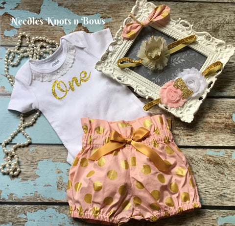 Baby Girls Pink & Gold Birthday Outfit, Girls Pink & Gold 1st Birthday Outfit, Pink & Gold Cake Smash Set