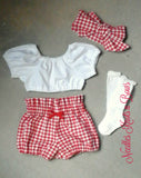 Girls Red Gingham Bloomers, High Waist Boho Bloomers, Red Checkered, Headwrap