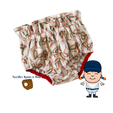 Baby Girls & Toddlers Baseball Bloomers. High Waist Baseball Bloomers. Perfect for matching up with any style of baseball onesies & tops, going out to support brothers baseball team etc  You choose between the two different bloomer styles as shown in the pictures. 