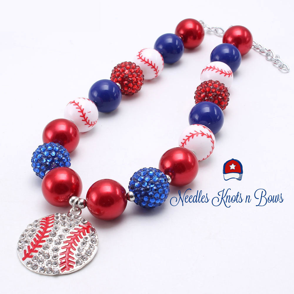 Baseball Chunky Bead Bubblegum Necklace, Girls Jewelry – Needles Knots