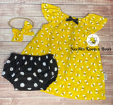 Bee Dress with Black Polka Dot Bloomers for baby girls and toddlers