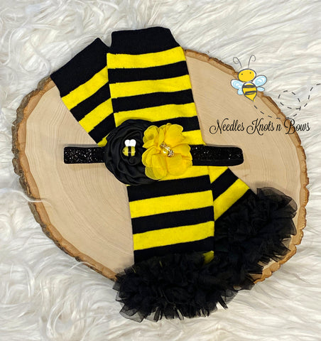 Bumblebee accessory set for baby girls and toddlers. Bumblebee leg warmer and headband set. 
