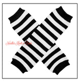 Black and white striped leg warmers for babies and toddlers.