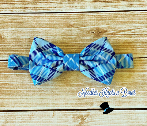 Blue Plaid Bow Tie Matching Suspenders, All Sizes
