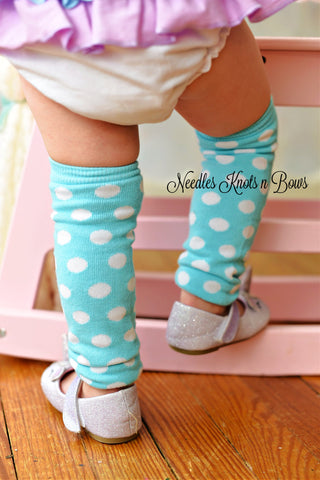 Blue and white polka dot leg warmers.  Baby toddler leg warmers.