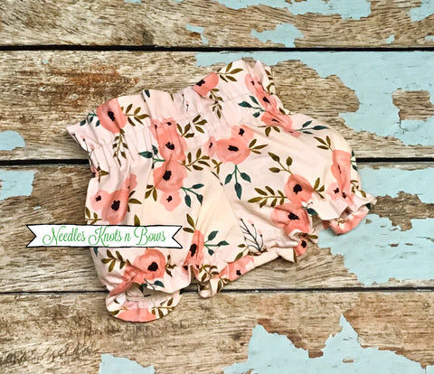 Blush Floral Bloomers, Pink High Waist Bloomers w/ Fabric Bow Headband
