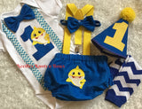 Boy first birthday outfit.  Baby Shark themed first birthday outfit