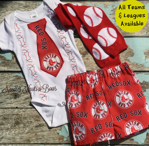 Baby boys and toddlers Boston Red Sox baseball outfit.