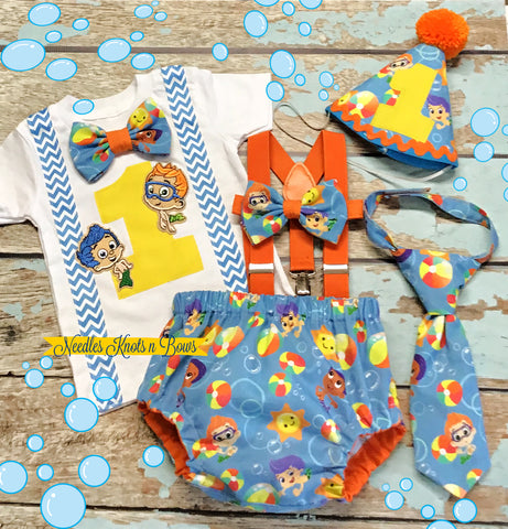 Boys Bubble Guppies 1st Birthday Outfit.  Bubble Guppies cake smash outfit for boys. 