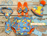 Boys cake smash outfit in a Bubble Guppies theme.