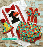 Boys Cake Smash Outfit for an Elmo themed Birthday and cake smash session