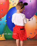 Baby boys Mickey Mouse shorts with a back pocket that has Mickey's head peeking out. 
