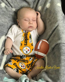 Team outfits make perfect baby shower gifts, coming home outfits and game day outfits.  People use them for family team photo shoots as well as for milestone photoshoots..