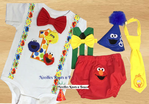 Boys Sesame Street cake smash and birthday outfit.  Each piece of this Cake Smash Set is made to look like one of Sesame Street's Characters so it is extra fun for your little guy. 