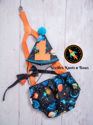 Boys Space Cake Smash Outfit. Space Birthday Hat