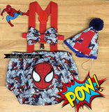 Boys Spiderman cake smash outfit.  Superhero smash cake outfit. 