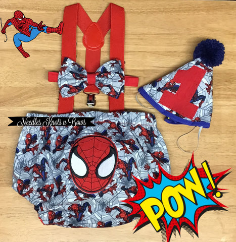 Boys Spiderman cake smash outfit.  Superhero smash cake outfit. 