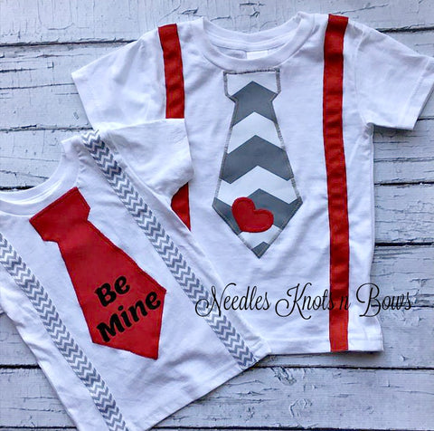 Boys Valentine shirt. Tie, Suspender shirt with “Be Mine” in the bottom of the tie