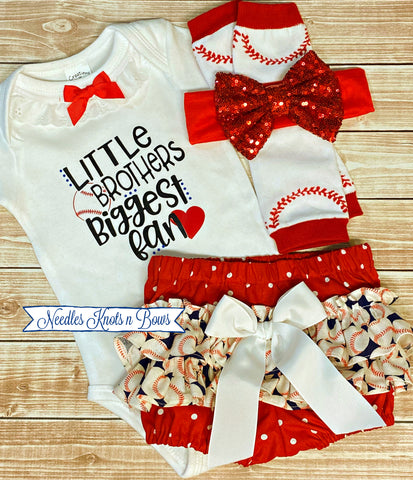 Little Brother's Biggest Fan Baby Girls and Toddlers Outfit.  Baseball Ruffled Bloomer Outfit with "Littler Brother's Biggest Fan" onesie. 