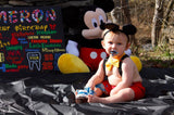 Customer picture.  Boys Mickey Mouse first birthday cake smash outfit. 