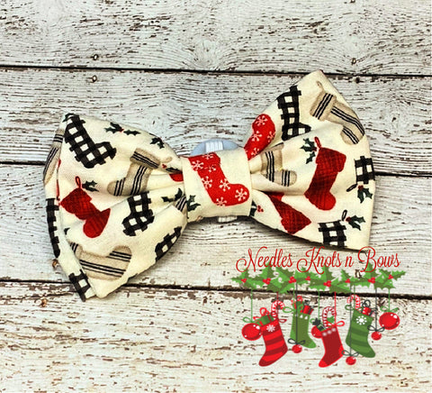 Christmas stockings on cream Holiday bow tie.  Christmas dog / pet bow tie.