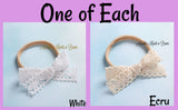 Set of 2 crochet lace bow nylon headbands. One white and one ecru.
