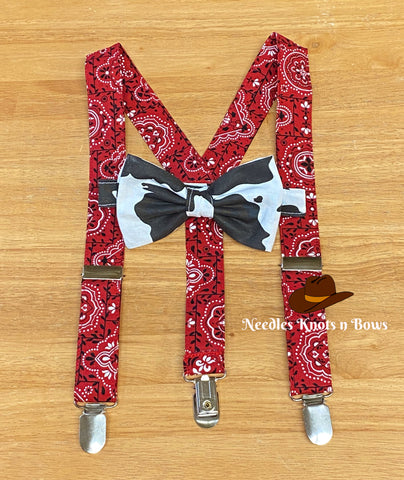 Cow print bow tie suspender set available in all sizes. 