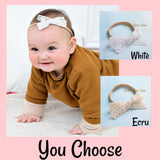Baby toddler crochet lace trim bow headband.  Baby boutique headband.
