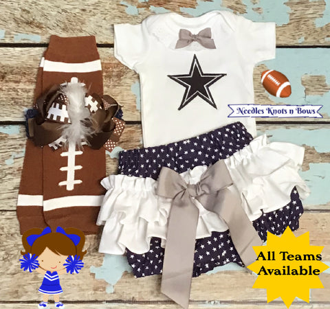 Baby girls and toddlers Dallas Cowboys game day football outfit.  Coming home outfit girl.