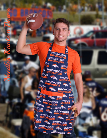Men’s Denver Bronco’s football BBQ, cooking apron with pockets.