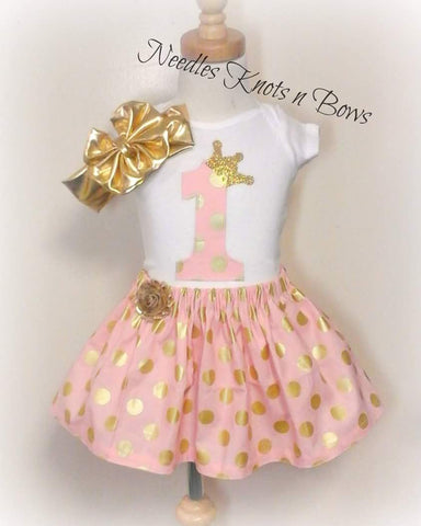 Girls Pink n Gold First Birthday Outfit, Girls Birthday Outfit, Pink & Gold Skirt