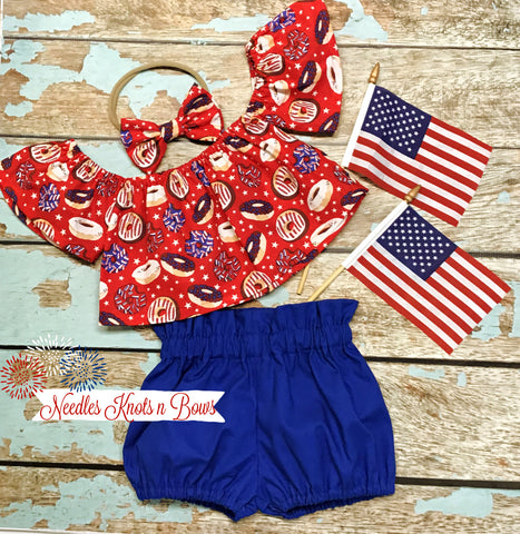 Girls Patriotic Boho Outfit, 4th of July Off the Shoulder Top & Bow, Bloomers