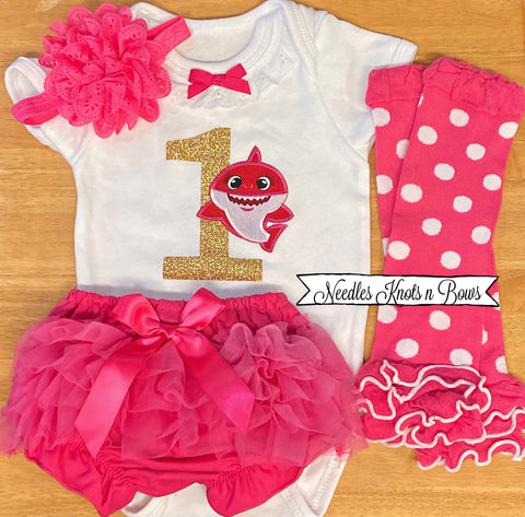 Girls Pink Baby Shark 1st Birthday Outfit. Cake Smash Outfit.  Girls Baby Shark Half Birthday Outfit