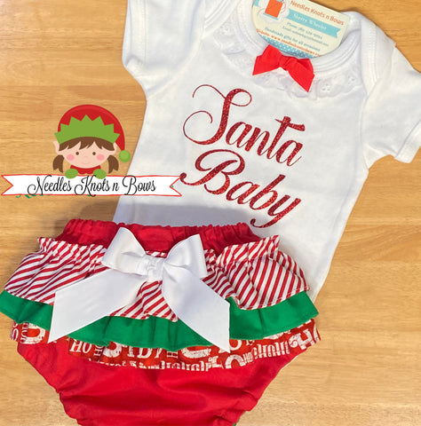 Baby girls and toddlers Santa Baby Christmas outfit.  Girls Christmas bloomers. 