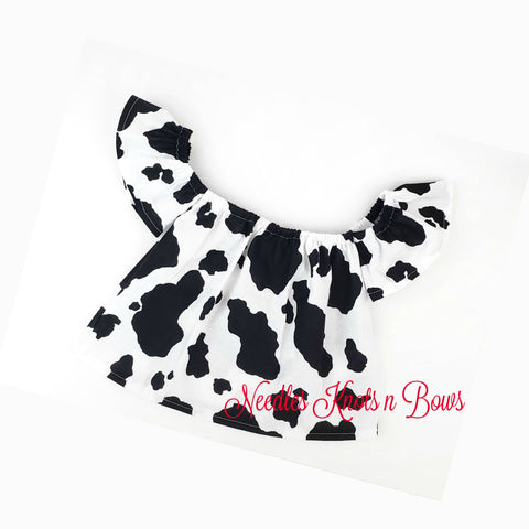 Girls Cow Print Boho Top, Baby Girls Flutter Sleeve Off the Shoulder Top