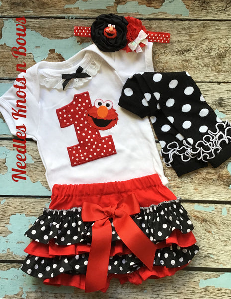 Girls Elmo Birthday Outfit, Girls 1st Birthday Outfit 12 Months / Outfit w/Headband & Necklace
