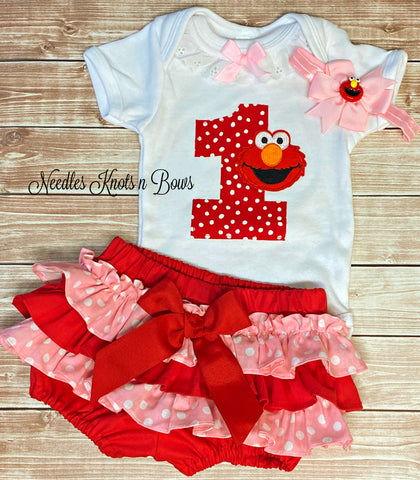 Girls Elmo cake smash outfit and 1st birthday tutu outfit.